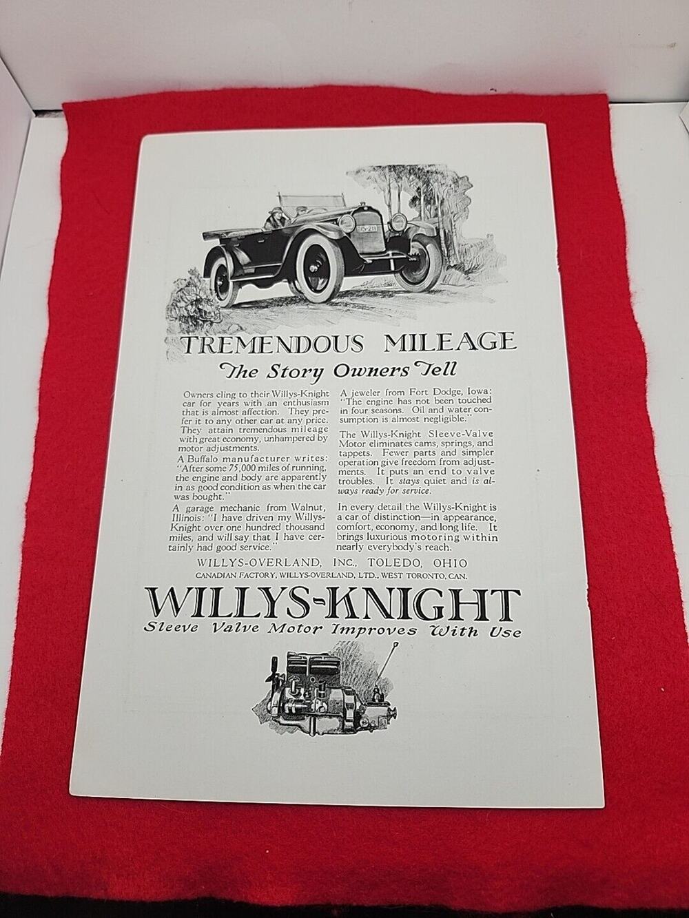 Vtg 1922 Willys-Knight: Tremendous Mileage the Story Owners Tell Print Ad